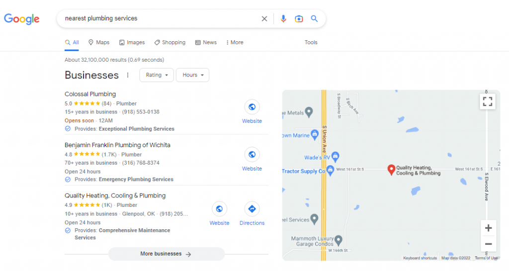 Google Search Results for nearest plumbing services